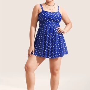 Polka Dot Crossover Ruched Flutter Hem Swim Dress
